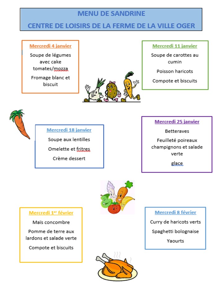 Menus du centre de loisirs Janvier et Février 2017