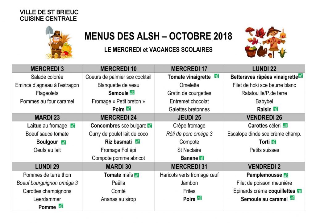Les menus du mois d’Octobre, mercredis et vacances scolaires