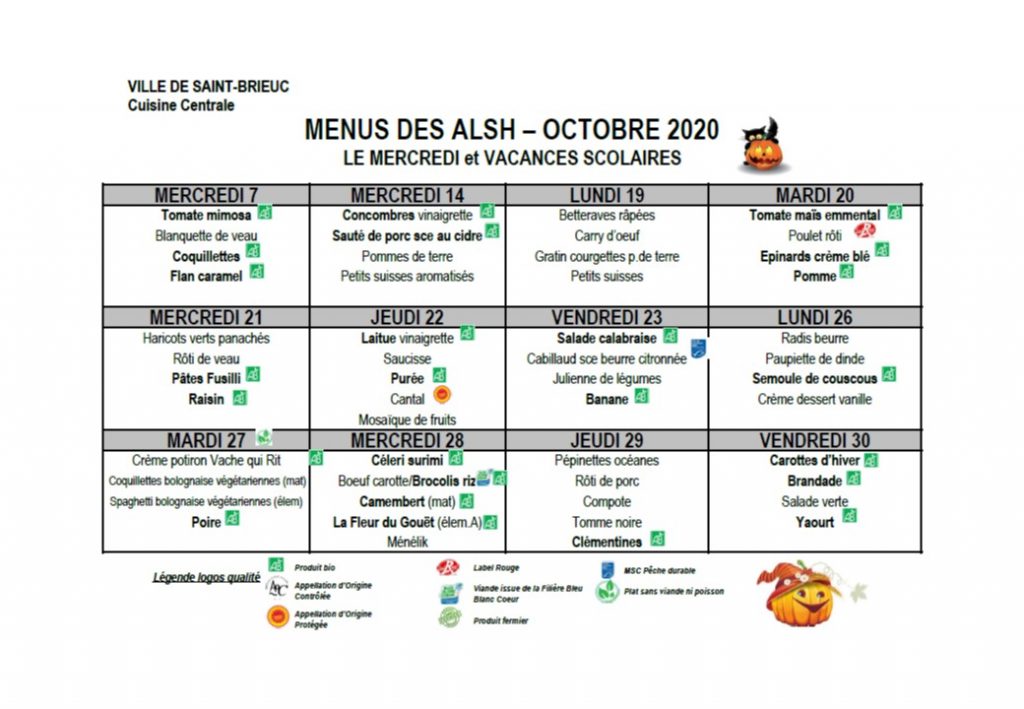 Les menus pour le mois d’octobre 2020